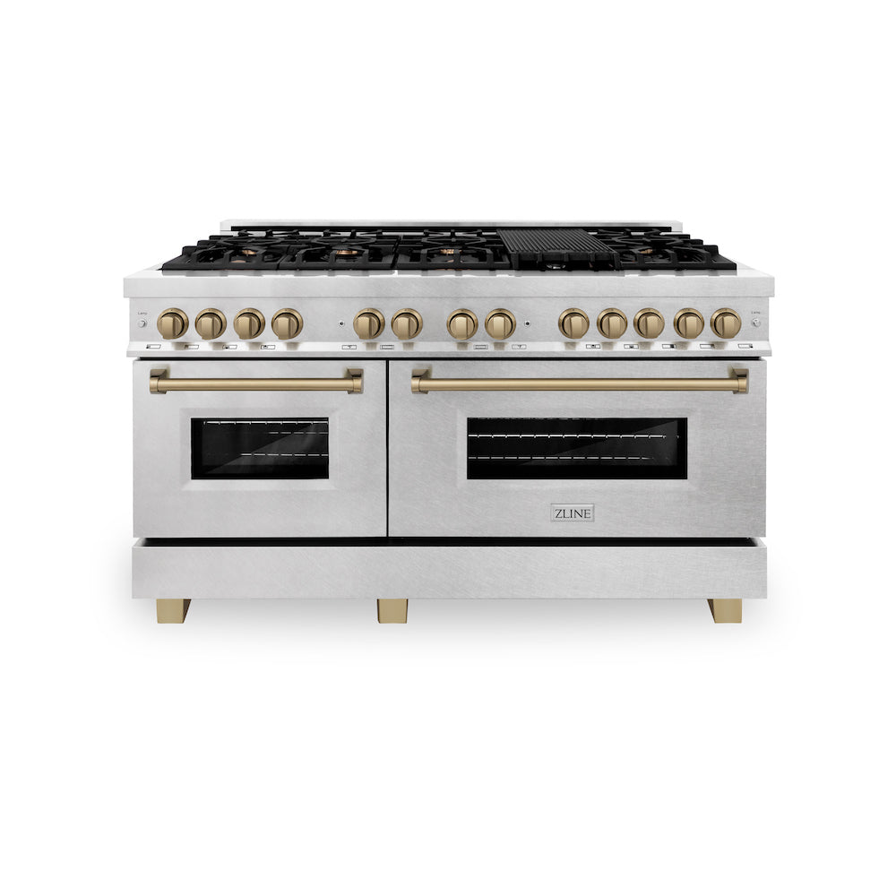 ZLINE Autograph Edition 60 in. 7.4 cu. ft. Dual Fuel Range with Gas Stove and Electric Oven in DuraSnow® Stainless Steel with Champagne Bronze Accents (RASZ-SN-60-CB) front, oven closed.