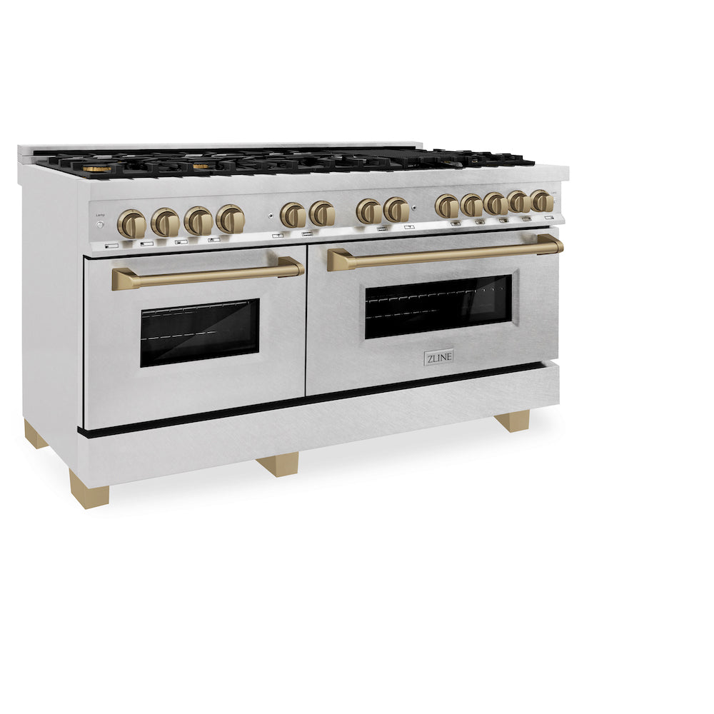 ZLINE Autograph Edition 60 in. 7.4 cu. ft. Dual Fuel Range with Gas Stove and Electric Oven in DuraSnow® Stainless Steel with Champagne Bronze Accents (RASZ-SN-60-CB) side, oven closed.