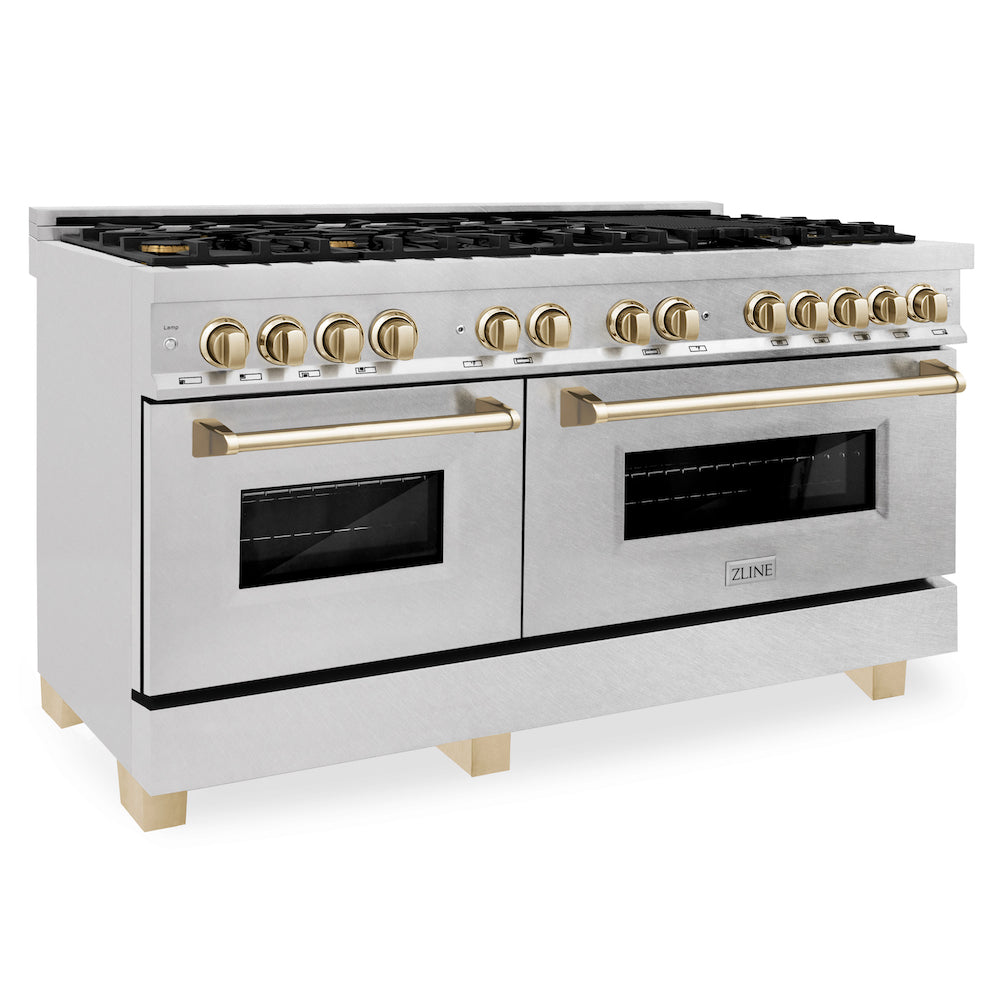 ZLINE Autograph Edition 60 in. 7.4 cu. ft. Dual Fuel Range with Gas Stove and Electric Oven in DuraSnow Stainless Steel with Polished Gold Accents (RASZ-SN-60-G)