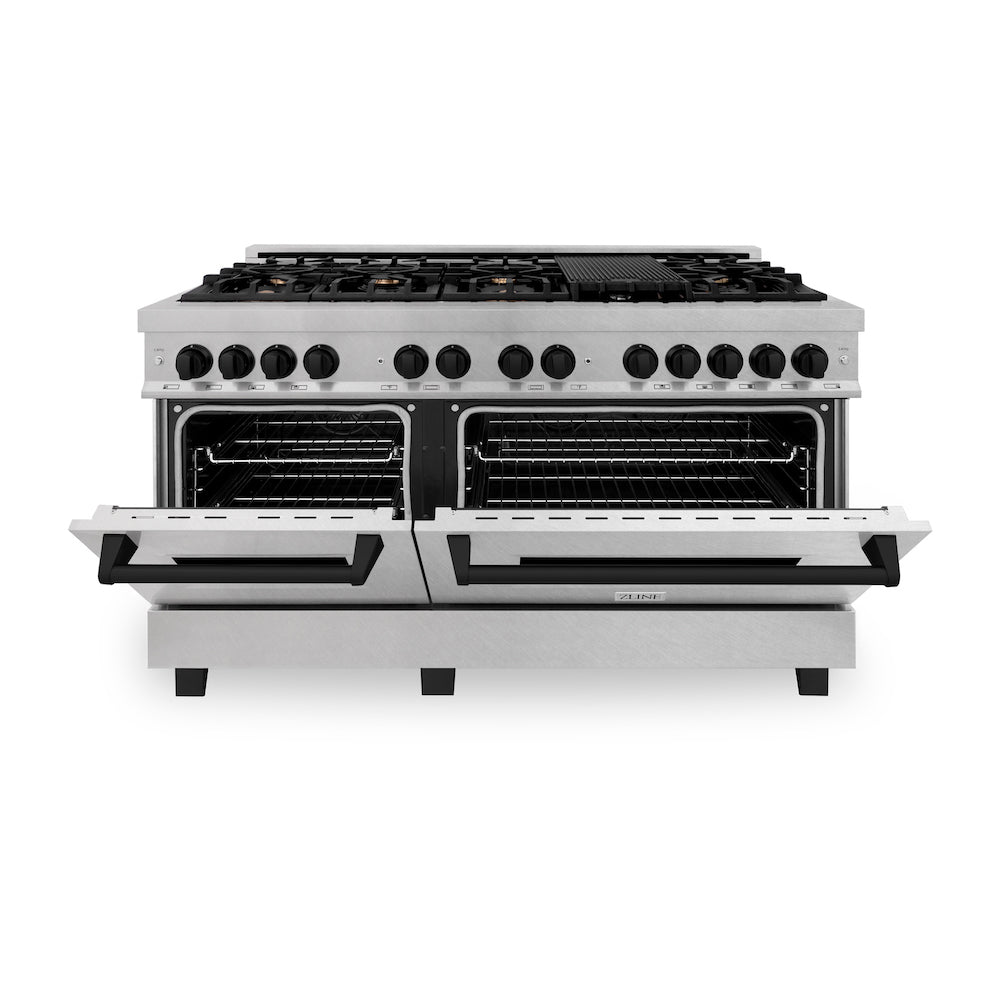 ZLINE Autograph Edition 60 in. 7.4 cu. ft. Dual Fuel Range with Gas Stove and Electric Oven in DuraSnow® Stainless Steel with Matte Black Accents (RASZ-SN-60-MB) front, oven half open.