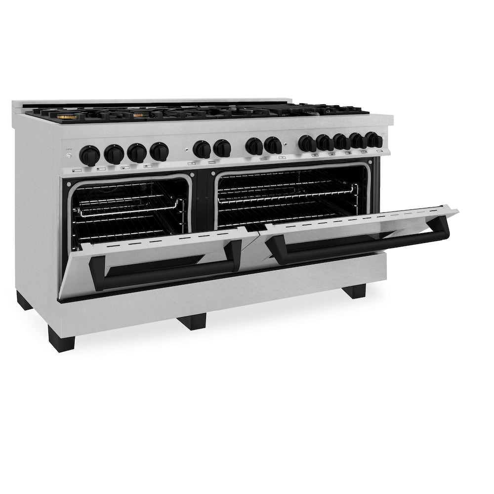 ZLINE Autograph Edition 60 in. 7.4 cu. ft. Dual Fuel Range with Gas Stove and Electric Oven in DuraSnow® Stainless Steel with Matte Black Accents (RASZ-SN-60-MB) side, oven half open.