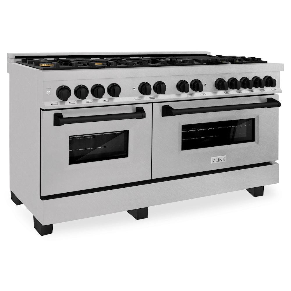 ZLINE Autograph Edition 60 in. 7.4 cu. ft. Dual Fuel Range with Gas Stove and Electric Oven in DuraSnow® Stainless Steel with Matte Black Accents (RASZ-SN-60-MB) 