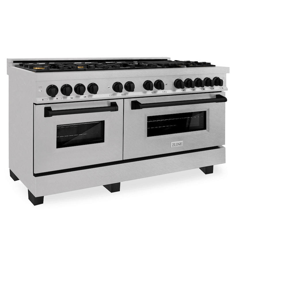 ZLINE Autograph Edition 60 in. 7.4 cu. ft. Dual Fuel Range with Gas Stove and Electric Oven in DuraSnow® Stainless Steel with Matte Black Accents (RASZ-SN-60-MB) side, oven closed.