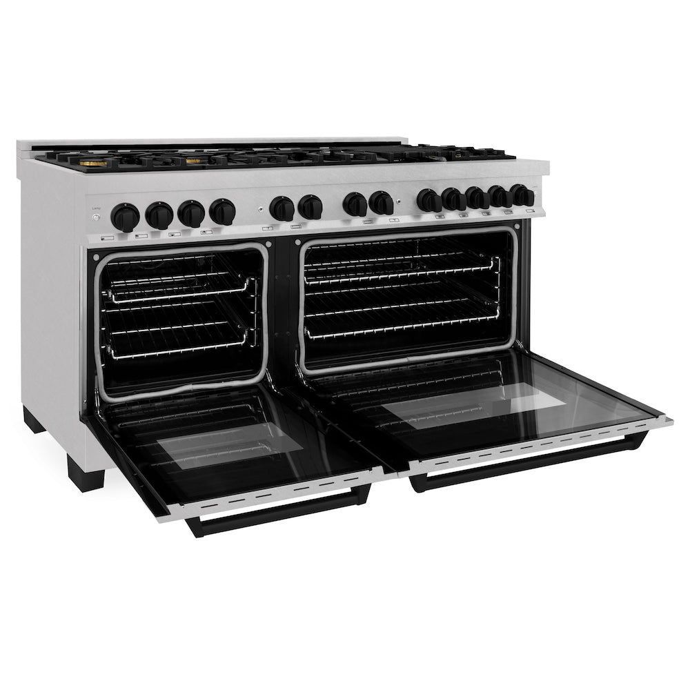 ZLINE Autograph Edition 60 in. 7.4 cu. ft. Dual Fuel Range with Gas Stove and Electric Oven in DuraSnow® Stainless Steel with Matte Black Accents (RASZ-SN-60-MB) side, oven open.