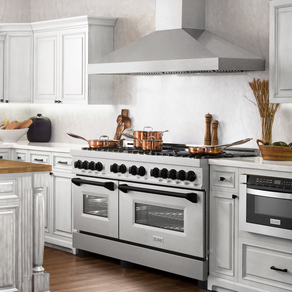 ZLINE Autograph Edition 60 in. 7.4 cu. ft. Dual Fuel Range with Gas Stove and Electric Oven in DuraSnow® Stainless Steel with Matte Black Accents (RASZ-SN-60-MB) from side in a luxury farmhouse-style kitchen.