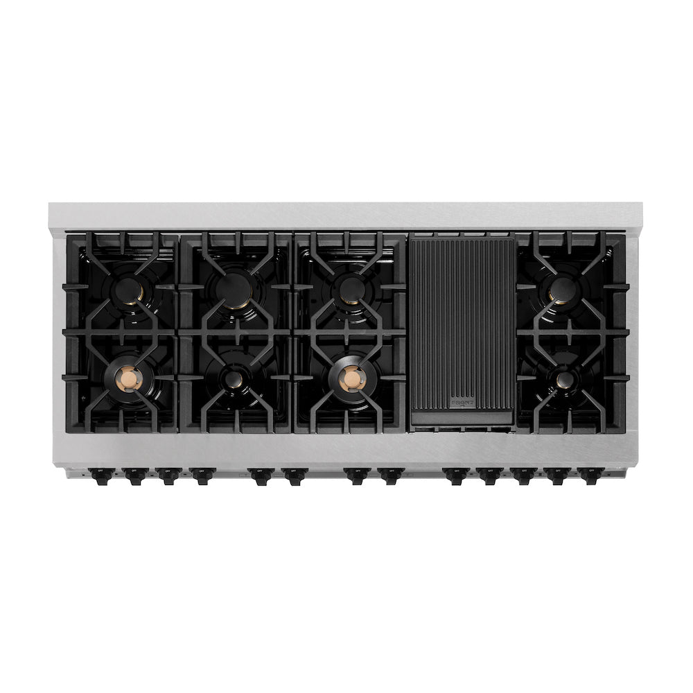 ZLINE Autograph Edition 60 in. 7.4 cu. ft. Dual Fuel Range with Gas Stove and Electric Oven in DuraSnow® Stainless Steel with Matte Black Accents (RASZ-SN-60-MB) from above showing cooktop.