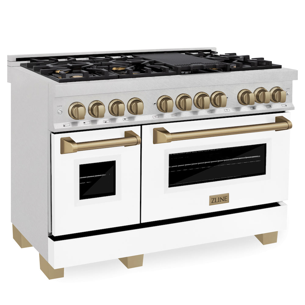 ZLINE Autograph Edition 48" Dual Fuel Range in DuraSnow® Stainless Steel with White Matte Oven Door and Champagne Bronze Accents.
