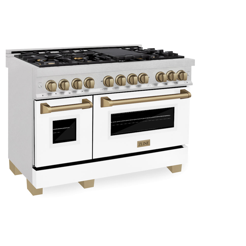 ZLINE Autograph Edition 48" Dual Fuel Range in DuraSnow® Stainless Steel with White Matte Oven Door and Champagne Bronze Accents (RASZ-WM-48-CB) side, oven doors closed.