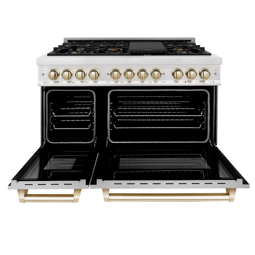 ZLINE Autograph Edition 48" Dual Fuel Range in DuraSnow® Stainless Steel with White Matte Oven Door and Polished Gold Accents (RASZ-WM-48-G) front, oven doors open.