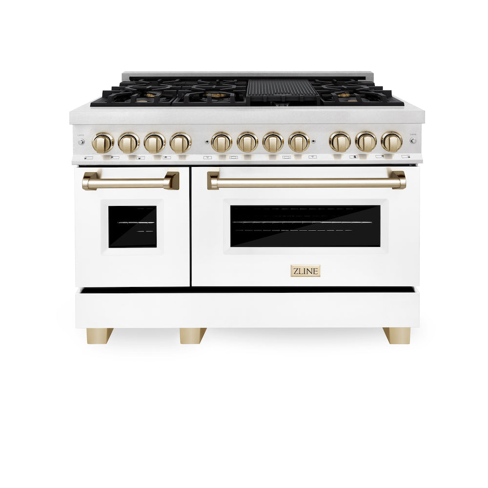 ZLINE Autograph Edition 48" Dual Fuel Range in DuraSnow® Stainless Steel with White Matte Oven Door and Polished Gold Accents (RASZ-WM-48-G) front, oven doors closed.