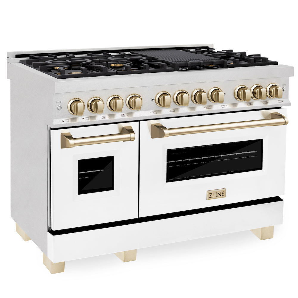 ZLINE Autograph Edition 48" Dual Fuel Range in DuraSnow® Stainless Steel with White Matte Oven Door and Polished Gold Accents.