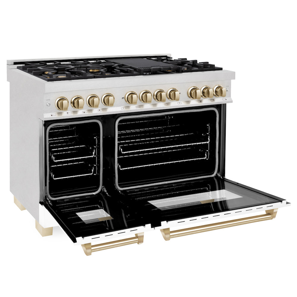 ZLINE Autograph Edition 48" Dual Fuel Range in DuraSnow® Stainless Steel with White Matte Oven Door and Polished Gold Accents (RASZ-WM-48-G) side, oven doors open.