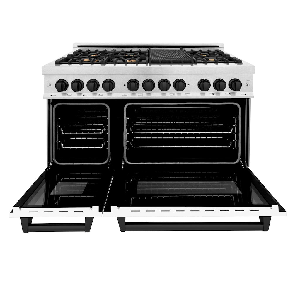 ZLINE Autograph Edition 48 in. 6.0 cu. ft. Dual Fuel Range with Gas Stove and Electric Oven in Fingerprint Resistant Stainless Steel with White Matte Door and Matte Black Accents (RASZ-WM-48-MB)