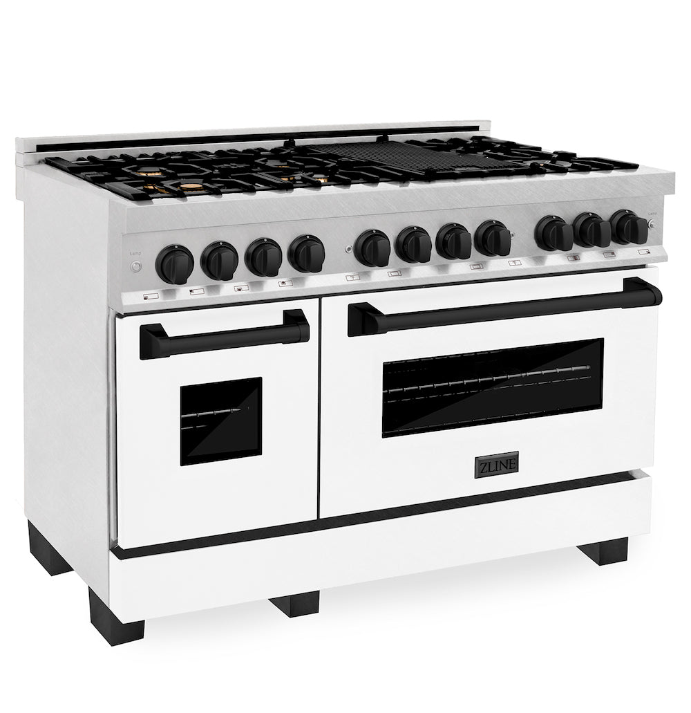 ZLINE Autograph Edition 48" Dual Fuel Range in DuraSnow® Stainless Steel with White Matte Oven Door and Matte Black Accents.