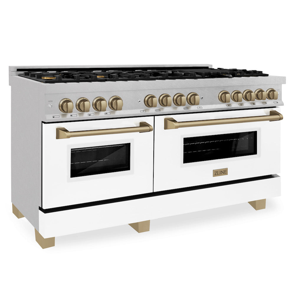 ZLINE Autograph Edition 60 in. 7.4 cu. ft. Dual Fuel Range with Gas Stove and Electric Oven in Fingerprint Resistant Stainless Steel with White Matte Door and Champagne Bronze Accents (RASZ-WM-60-CB) 
