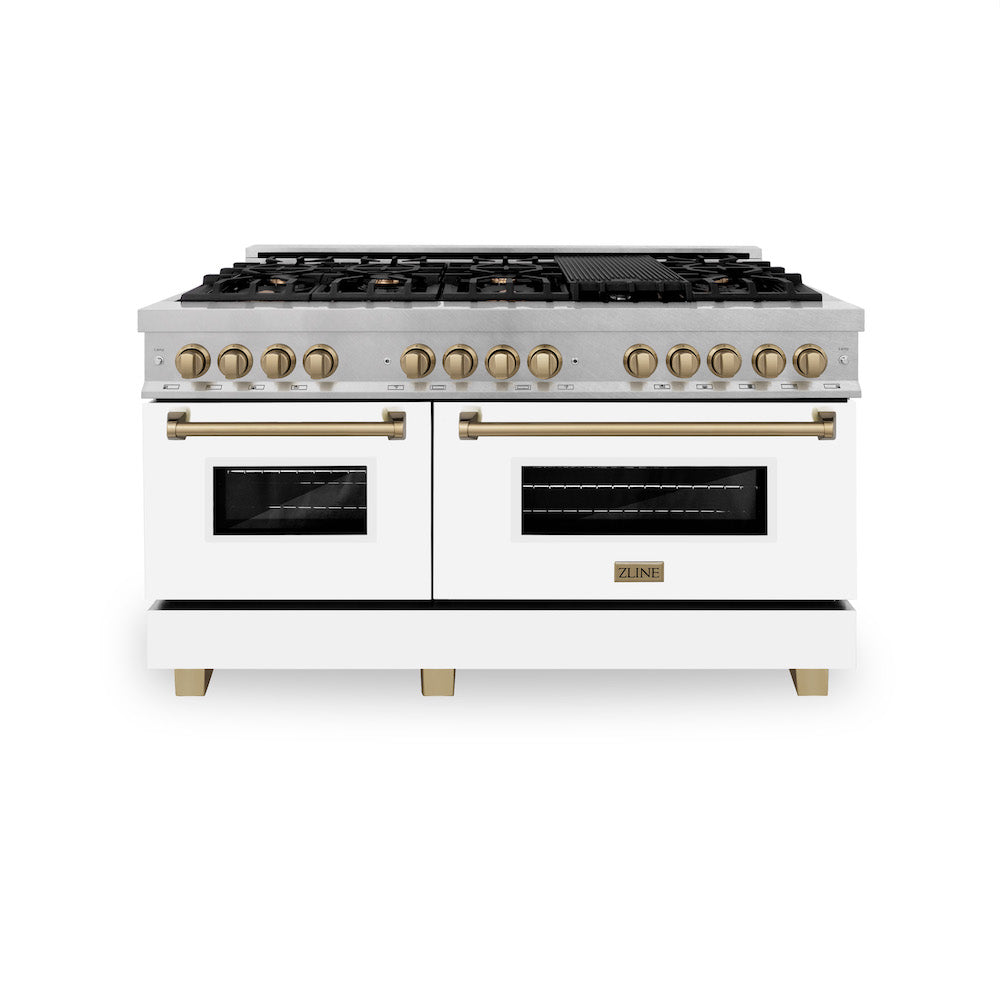 ZLINE Autograph Edition 60 in. 7.4 cu. ft. Dual Fuel Range with Gas Stove and Electric Oven in Fingerprint Resistant Stainless Steel with White Matte Door and Champagne Bronze Accents (RASZ-WM-60-CB) front, oven closed.
