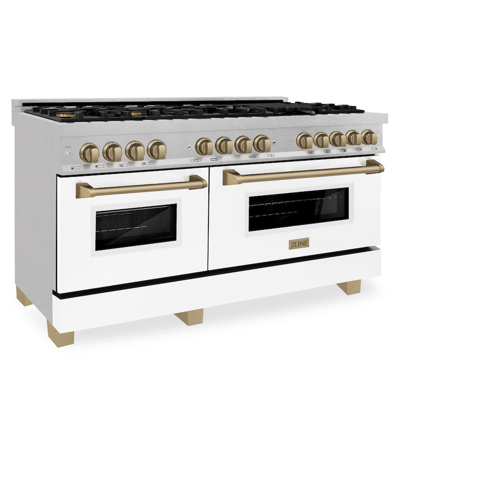 ZLINE Autograph Edition 60" Dual Fuel Range in DuraSnow® Stainless Steel with White Matte Oven Door and Champagne Bronze Accents (RASZ-WM-60-CB) side, oven doors closed.