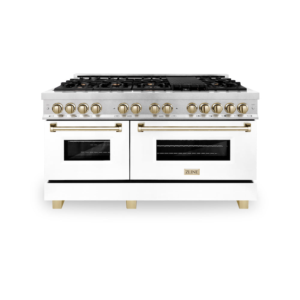 ZLINE Autograph Edition 60" Dual Fuel Range in DuraSnow® Stainless Steel with White Matte Oven Door and Polished Gold Accents (RASZ-WM-60-G) front, oven doors closed.