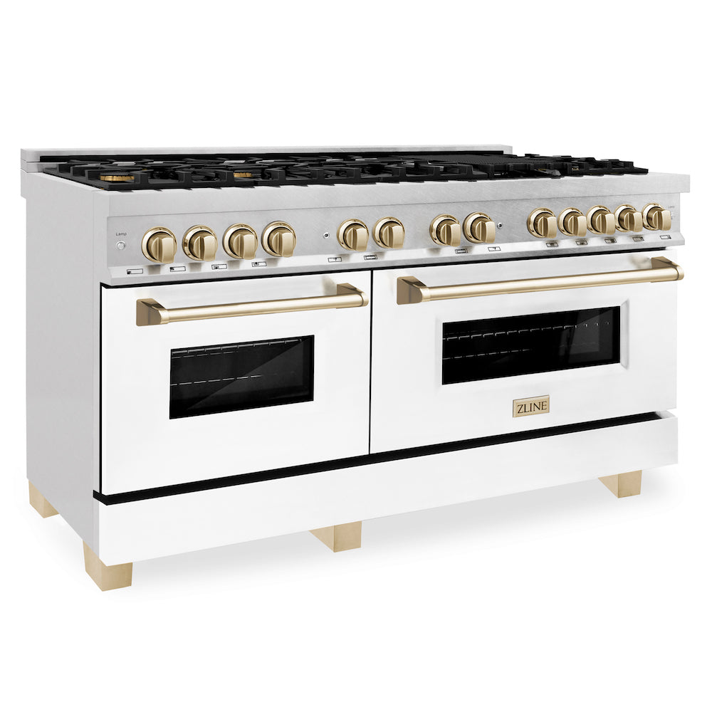ZLINE Autograph Edition 60" Dual Fuel Range in DuraSnow® Stainless Steel with White Matte Oven Door and Polished Gold Accents.