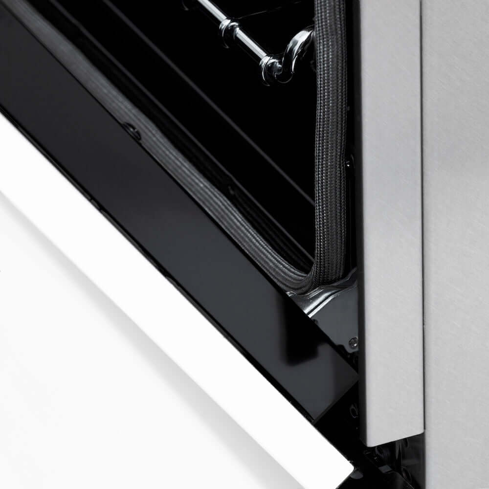 ZLINE Autograph Edition 60 in. 7.4 cu. ft. Dual Fuel Range with Gas Stove and Electric Oven in Fingerprint Resistant Stainless Steel with White Matte Doors and Matte Black Accents (RASZ-WM-60-MB) StayPut Oven Door Hinges close-up.