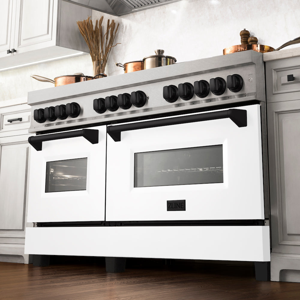 ZLINE Autograph Edition 60 in. 7.4 cu. ft. Dual Fuel Range with Gas Stove and Electric Oven in Fingerprint Resistant Stainless Steel with White Matte Doors and Matte Black Accents (RASZ-WM-60-MB) from below in a luxury kitchen with cookware on cooktop.