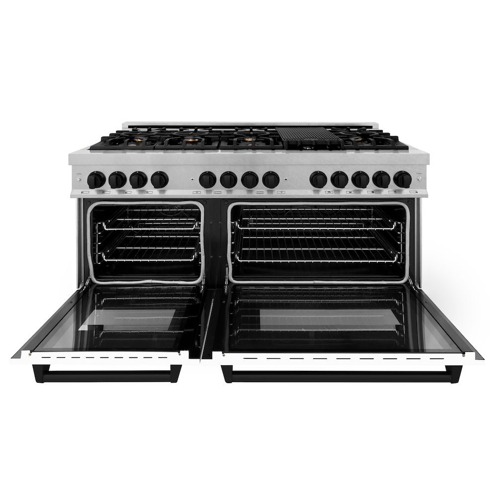ZLINE Autograph Edition 60 in. 7.4 cu. ft. Dual Fuel Range with Gas Stove and Electric Oven in Fingerprint Resistant Stainless Steel with White Matte Doors and Matte Black Accents (RASZ-WM-60-MB) front, oven open.
