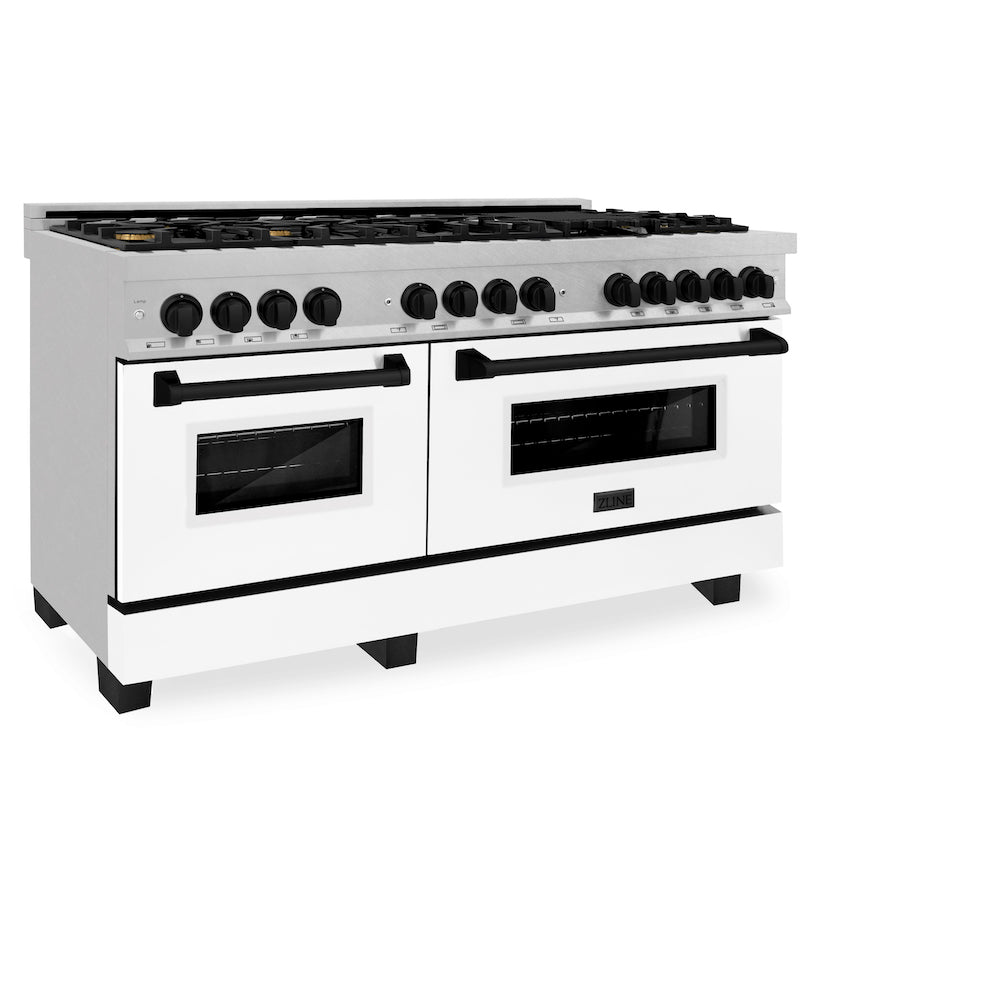 ZLINE Autograph Edition 60 in. 7.4 cu. ft. Dual Fuel Range with Gas Stove and Electric Oven in Fingerprint Resistant Stainless Steel with White Matte Doors and Matte Black Accents (RASZ-WM-60-MB) side, oven closed.