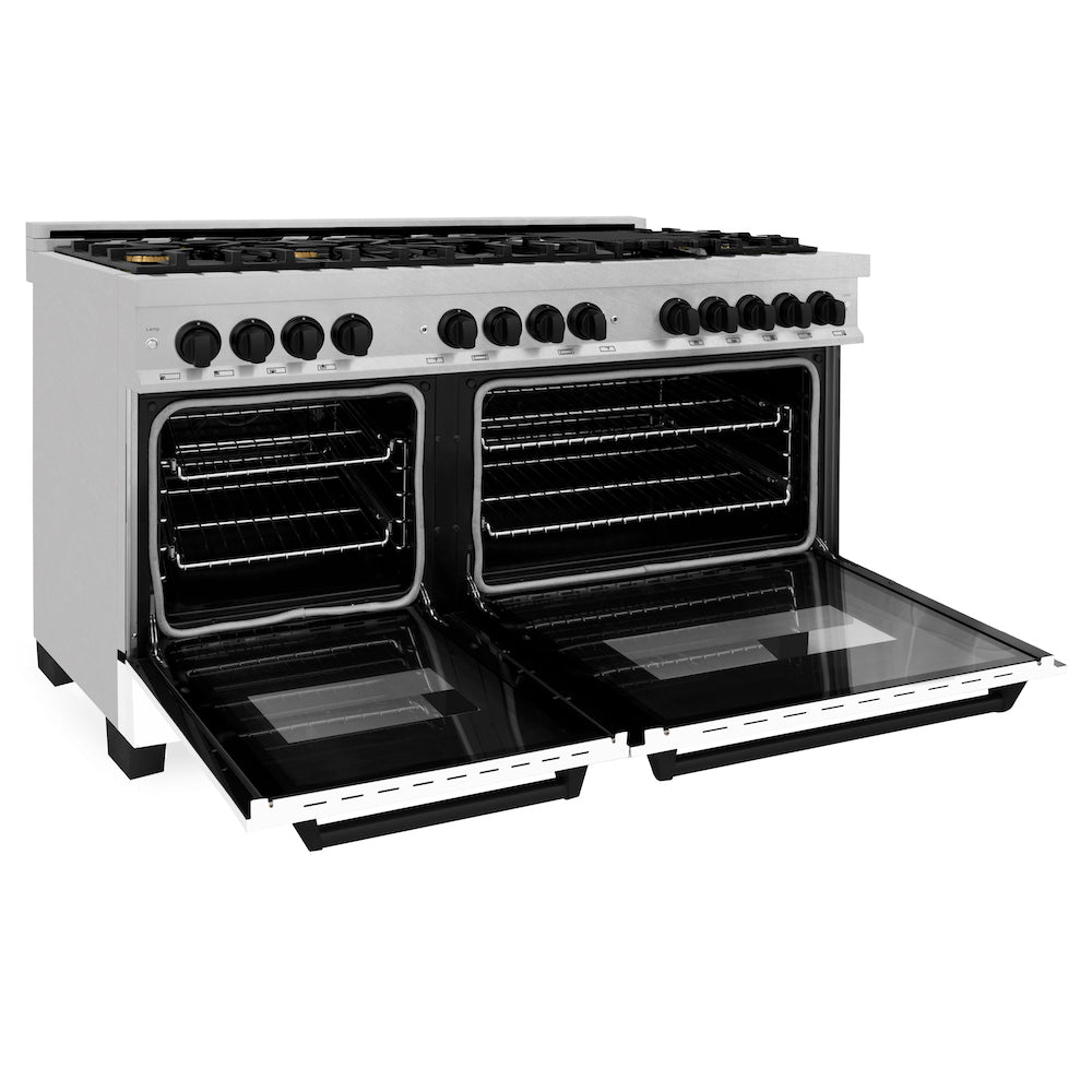 ZLINE Autograph Edition 60 in. 7.4 cu. ft. Dual Fuel Range with Gas Stove and Electric Oven in Fingerprint Resistant Stainless Steel with White Matte Doors and Matte Black Accents (RASZ-WM-60-MB) side, oven open.