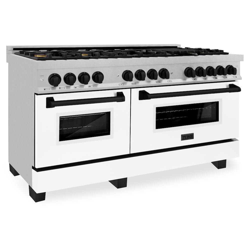 ZLINE Autograph Edition 60" Dual Fuel Range in DuraSnow® Stainless Steel with White Matte Oven Door and Matte Black Accents.