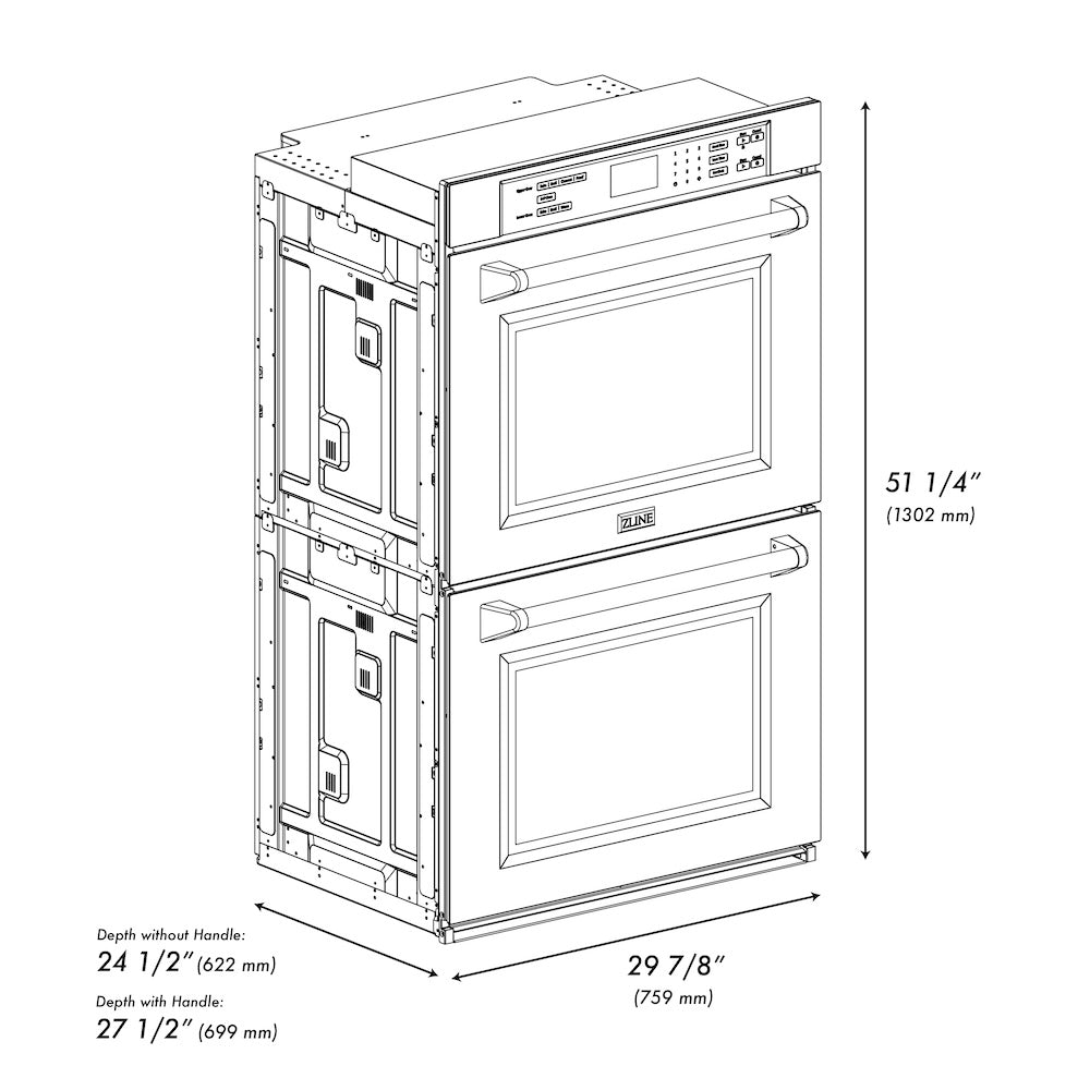 ZLINE Autograph Edition 30 in. Professional True Convection Double Wall Oven with Air Fry and Self Clean in DuraSnow® Stainless Steel with Champagne Bronze Handles (WADSZ-30-CB) dimensional diagram.