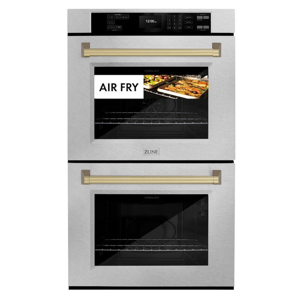 ZLINE Autograph Edition 30 in. Professional True Convection Double Wall Oven with Air Fry and Self Clean in DuraSnow® Stainless Steel with Champagne Bronze Handles (WADSZ-30-CB) front, oven closed with food inside. Text: "Air Fry"