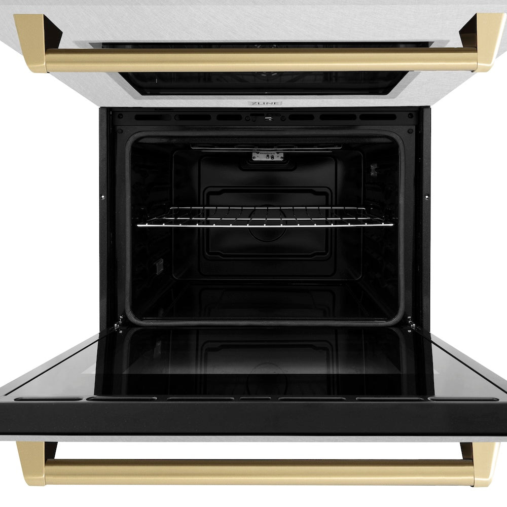 ZLINE Autograph Edition 30 in. Professional True Convection Double Wall Oven with Air Fry and Self Clean in DuraSnow® Stainless Steel with Champagne Bronze Handles (WADSZ-30-CB) front, open.