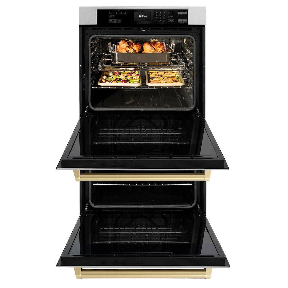 ZLINE Autograph Edition 30 in. Professional True Convection Double Wall Oven with Air Fry and Self Clean in DuraSnow® Stainless Steel with Champagne Bronze Handles (WADSZ-30-CB) front, open.