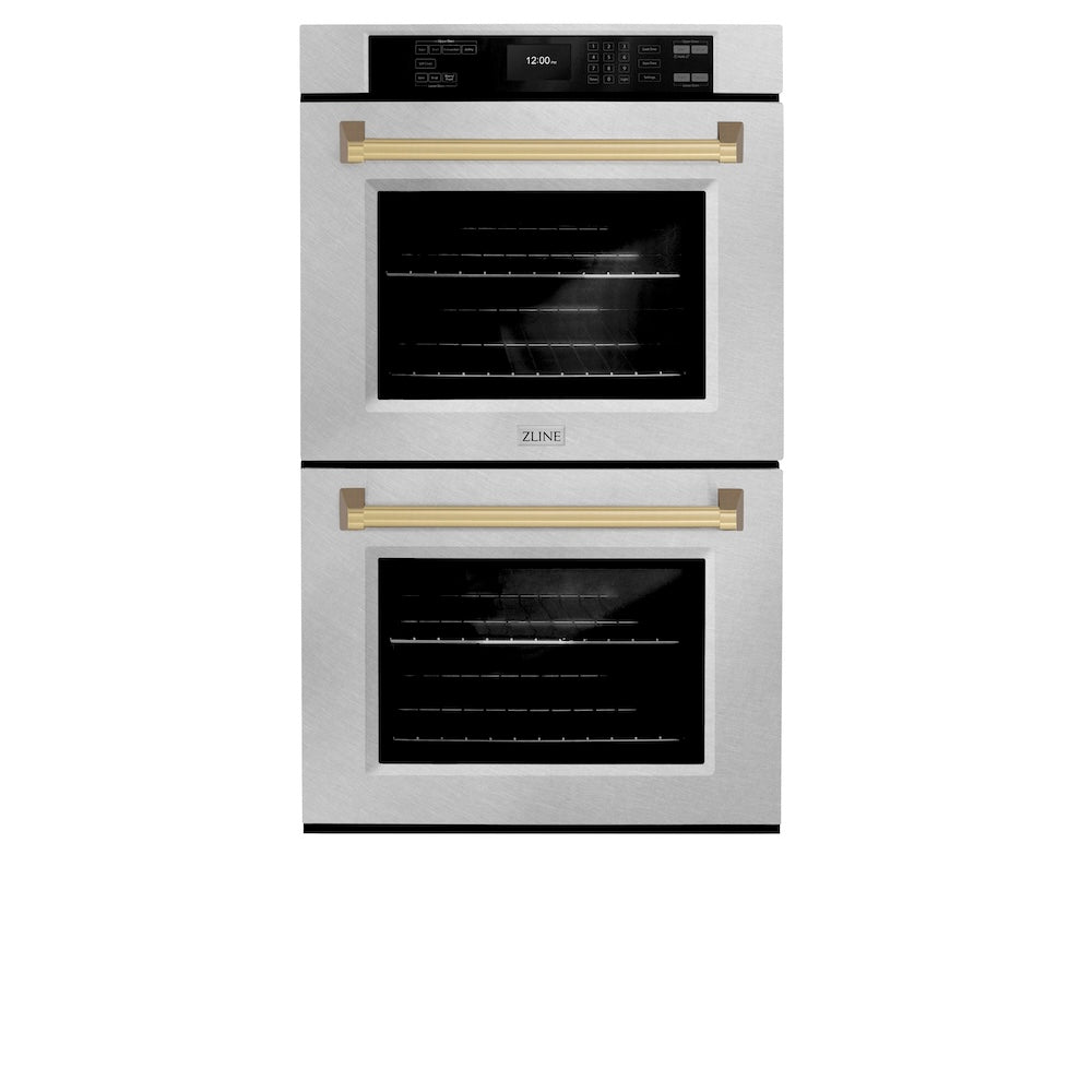 ZLINE Autograph Edition 30 in. Professional True Convection Double Wall Oven with Air Fry and Self Clean in DuraSnow® Stainless Steel with Champagne Bronze Handles (WADSZ-30-CB) front, closed.