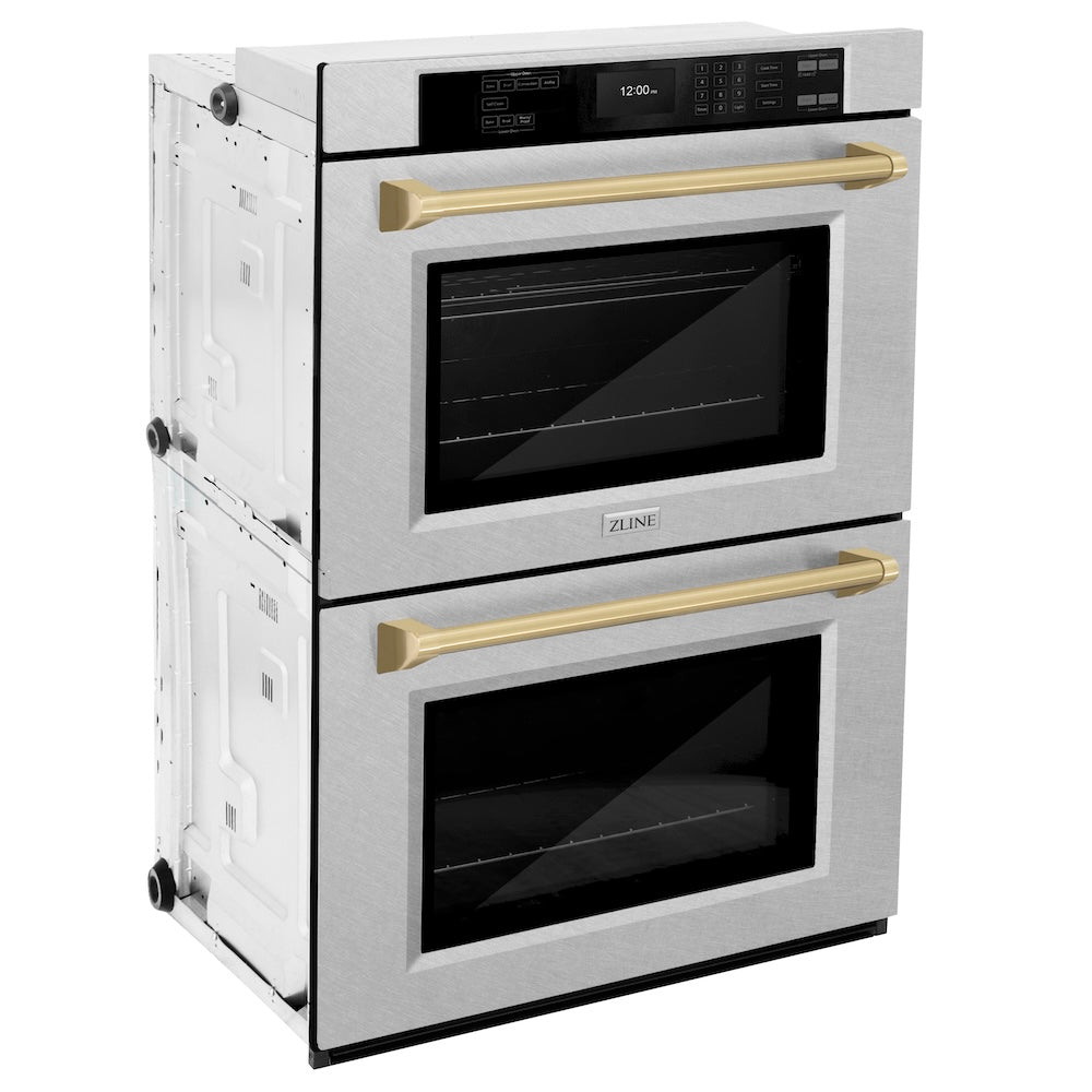 ZLINE Autograph Edition 30 in. Professional True Convection Double Wall Oven with Air Fry and Self Clean in DuraSnow® Stainless Steel with Champagne Bronze Handles (WADSZ-30-CB) side, oven closed.