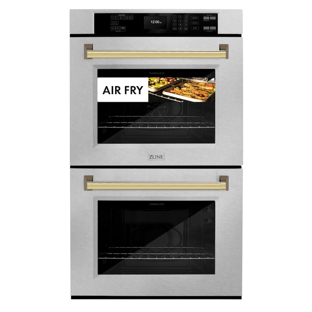 ZLINE Autograph Edition 30 in. Professional True Convection Double Wall Oven with Air Fry and Self Clean in DuraSnow® Stainless Steel with Polished Gold Handles (WADSZ-30-G) front, oven closed with food inside. Text: "Air Fry"