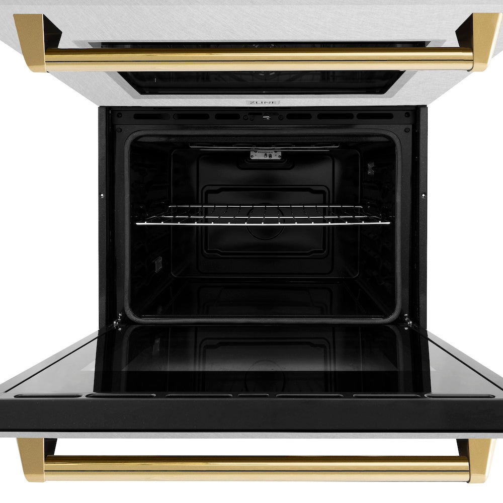 ZLINE Autograph Edition 30 in. Professional True Convection Double Wall Oven with Air Fry and Self Clean in DuraSnow® Stainless Steel with Polished Gold Handles (WADSZ-30-G) front, open.