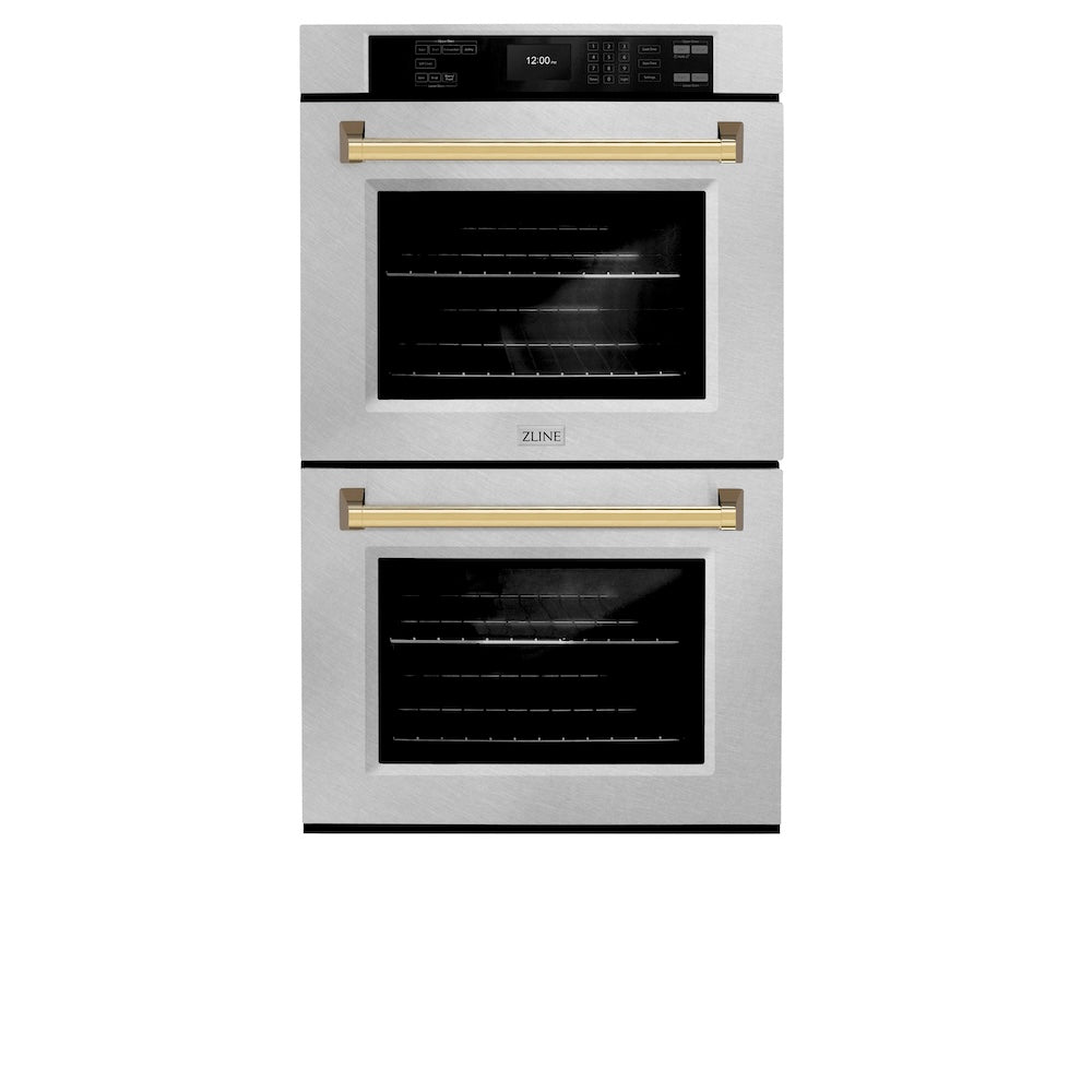 ZLINE Autograph Edition 30 in. Professional True Convection Double Wall Oven with Air Fry and Self Clean in DuraSnow® Stainless Steel with Polished Gold Handles (WADSZ-30-G) front, closed.