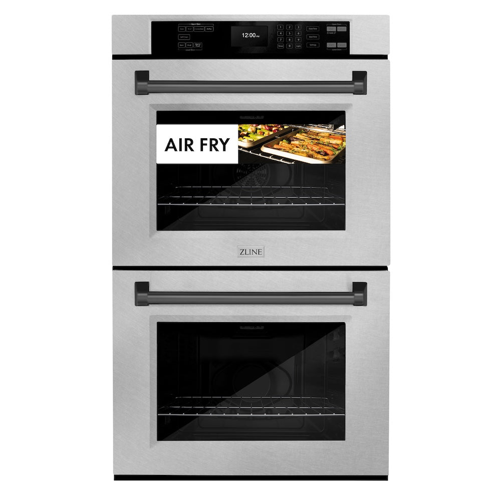 ZLINE Autograph Edition 30 in. Professional True Convection Double Wall Oven with Air Fry and Self Clean in DuraSnow® Stainless Steel with Matte Black Handles (WADSZ-30-MB) front, oven closed with food inside. Text: "Air Fry"