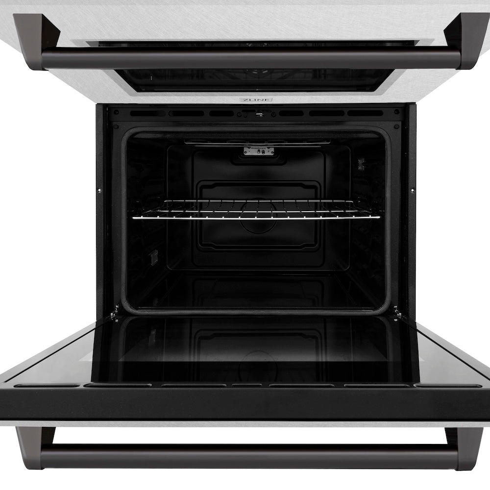 ZLINE Autograph Edition 30 in. Professional True Convection Double Wall Oven with Air Fry and Self Clean in DuraSnow® Stainless Steel with Matte Black Handles (WADSZ-30-MB) front, open.