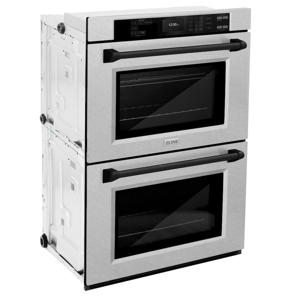 ZLINE Autograph Edition 30 in. Professional True Convection Double Wall Oven with Air Fry and Self Clean in DuraSnow® Stainless Steel with Matte Black Handles (WADSZ-30-MB) side, oven closed.