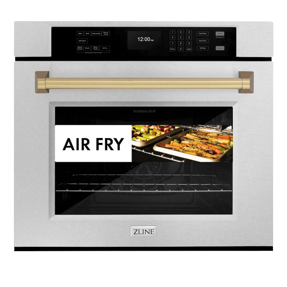 ZLINE Autograph Edition 30 in. Professional True Convection Single Wall Oven with Air Fry and Self Clean in DuraSnow® Stainless Steel with Champagne Bronze Handle (WASSZ-30-CB) front, oven closed with food inside. Text: "Air Fry"