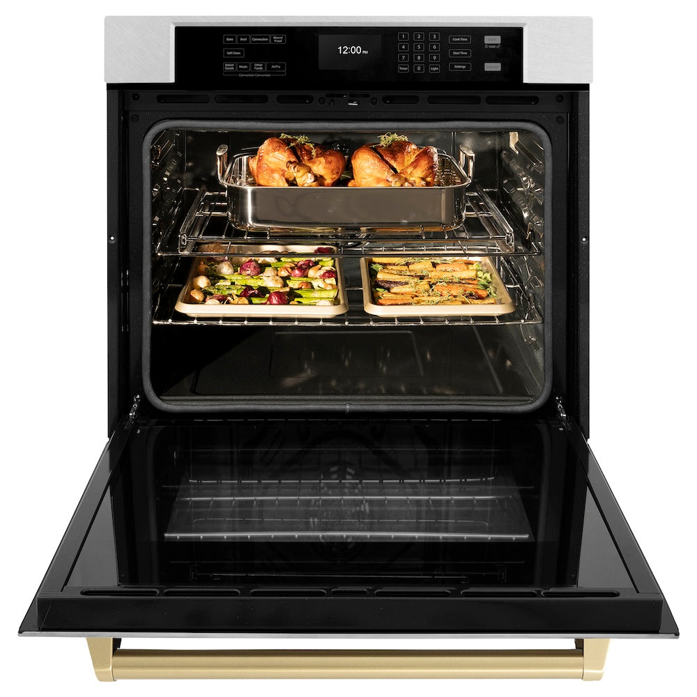 ZLINE Autograph Edition 30 in. Professional True Convection Single Wall Oven with Air Fry and Self Clean in DuraSnow® Stainless Steel with Champagne Bronze Handle (WASSZ-30-CB) front, open.