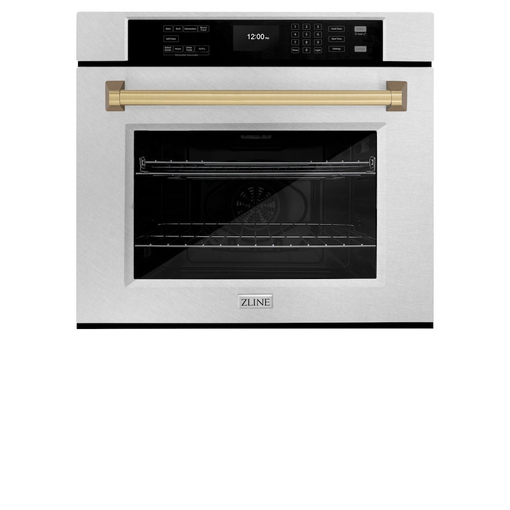 ZLINE Autograph Edition 30 in. Professional True Convection Single Wall Oven with Air Fry and Self Clean in DuraSnow® Stainless Steel with Champagne Bronze Handle (WASSZ-30-CB) front, closed.