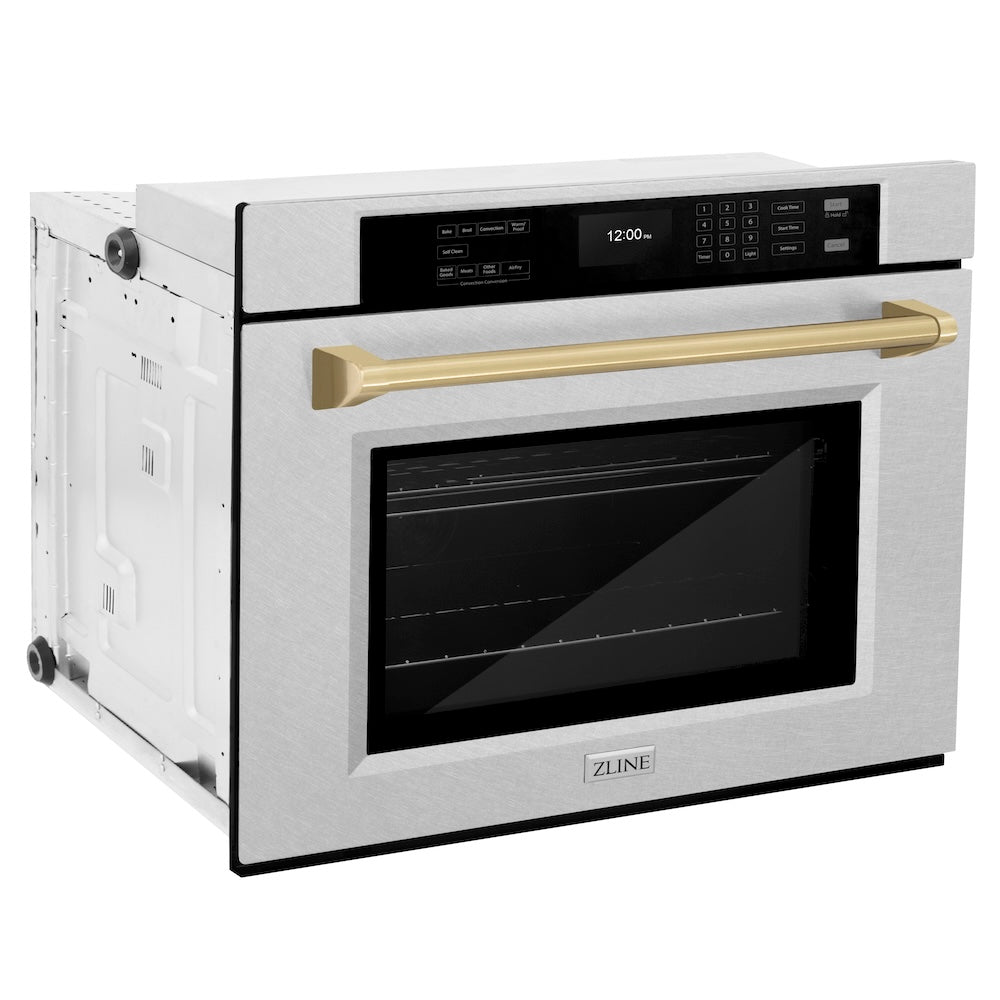 ZLINE Autograph Edition 30 in. Professional True Convection Single Wall Oven with Air Fry and Self Clean in DuraSnow® Stainless Steel with Champagne Bronze Handle (WASSZ-30-CB) side, oven closed.