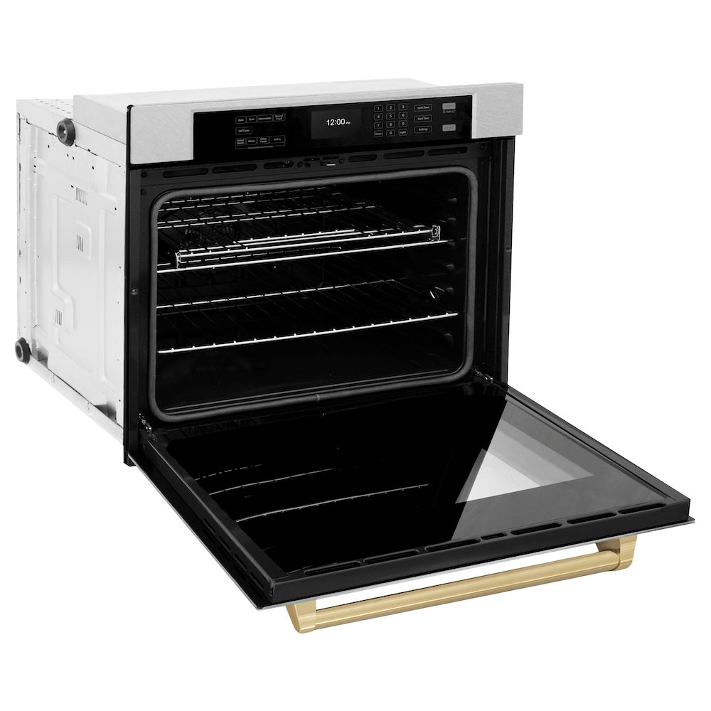 ZLINE Autograph Edition 30 in. Professional True Convection Single Wall Oven with Air Fry and Self Clean in DuraSnow® Stainless Steel with Champagne Bronze Handle (WASSZ-30-CB) side, oven open.