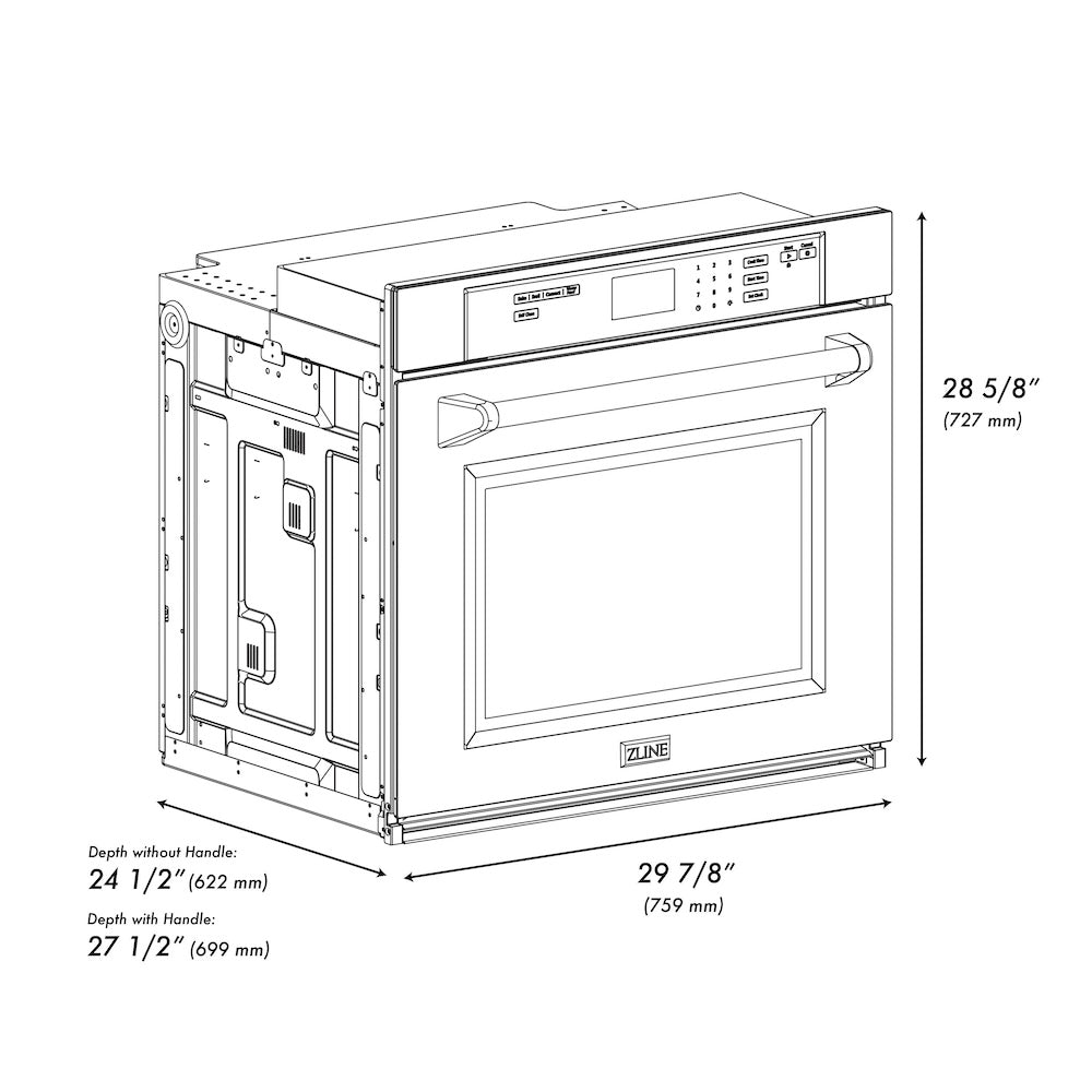 ZLINE Autograph Edition 30 in. Professional True Convection Single Wall Oven with Air Fry and Self Clean in DuraSnow® Stainless Steel with Polished Gold Handle (WASSZ-30-G) dimensional diagram.