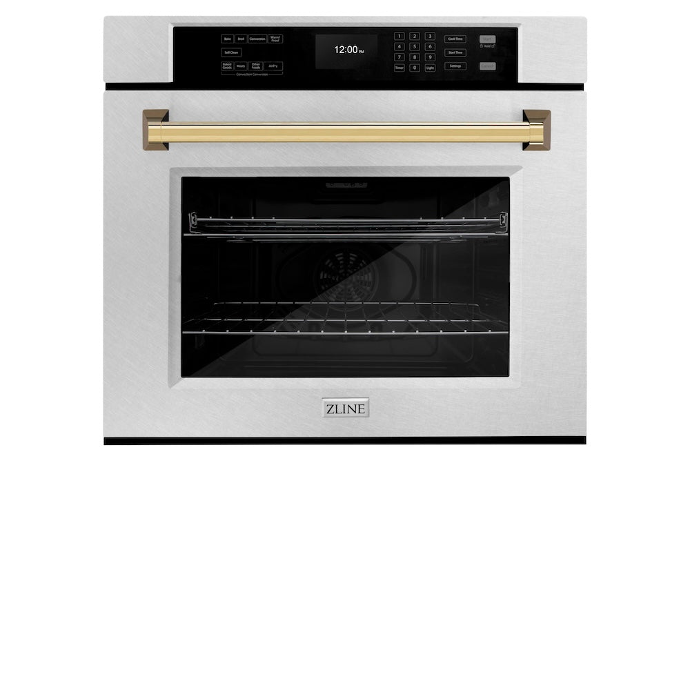 ZLINE Autograph Edition 30 in. Professional True Convection Single Wall Oven with Air Fry and Self Clean in DuraSnow® Stainless Steel with Polished Gold Handle (WASSZ-30-G) front, closed.