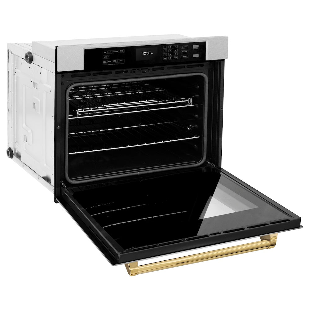 ZLINE Autograph Edition 30 in. Professional True Convection Single Wall Oven with Air Fry and Self Clean in DuraSnow® Stainless Steel with Polished Gold Handle (WASSZ-30-G) side, oven open.