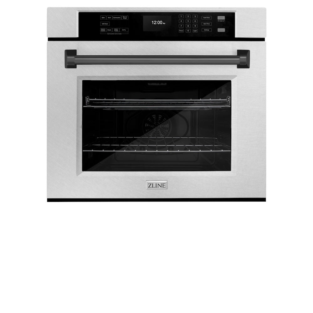 ZLINE Autograph Edition 30 in. Professional True Convection Single Wall Oven with Air Fry and Self Clean in DuraSnow® Stainless Steel with Matte Black Handle (WASSZ-30-MB) front, closed.